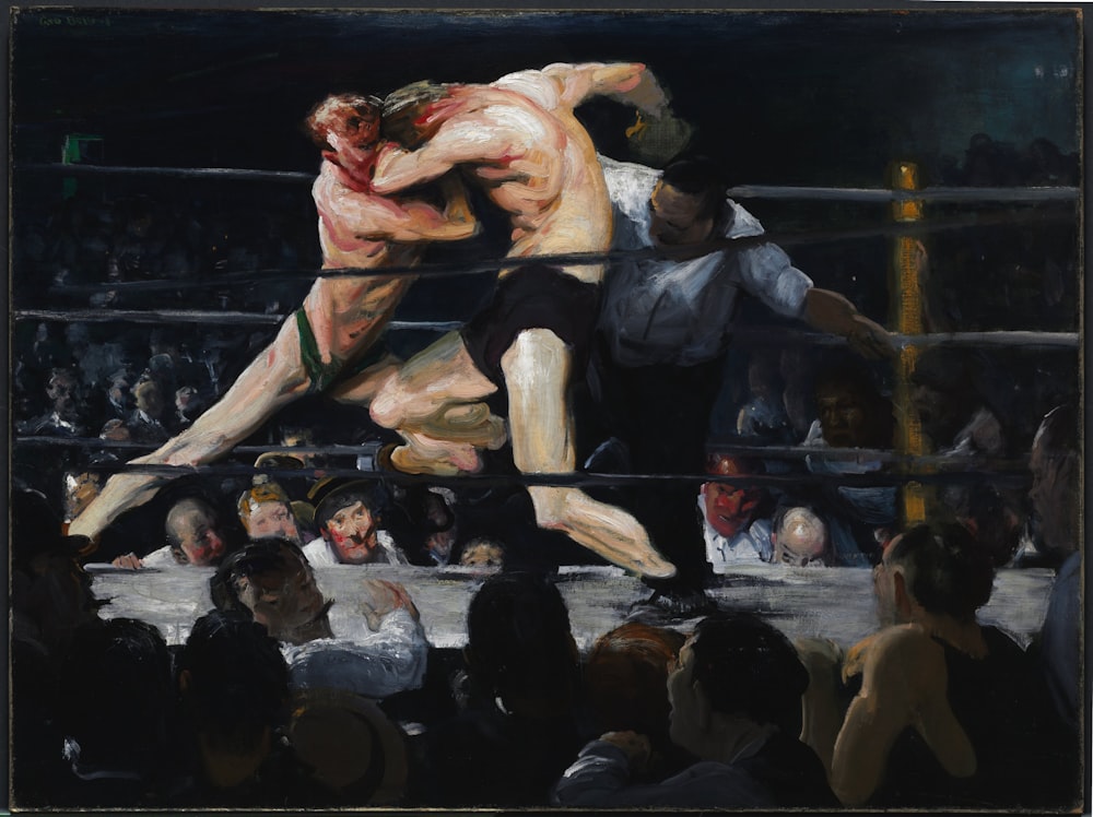 a painting of two men wrestling in a ring