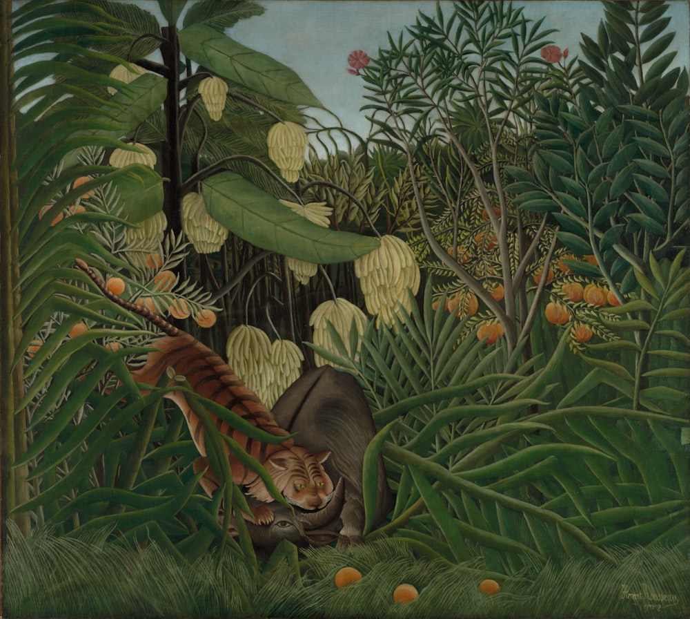 a painting of a rhino in a jungle