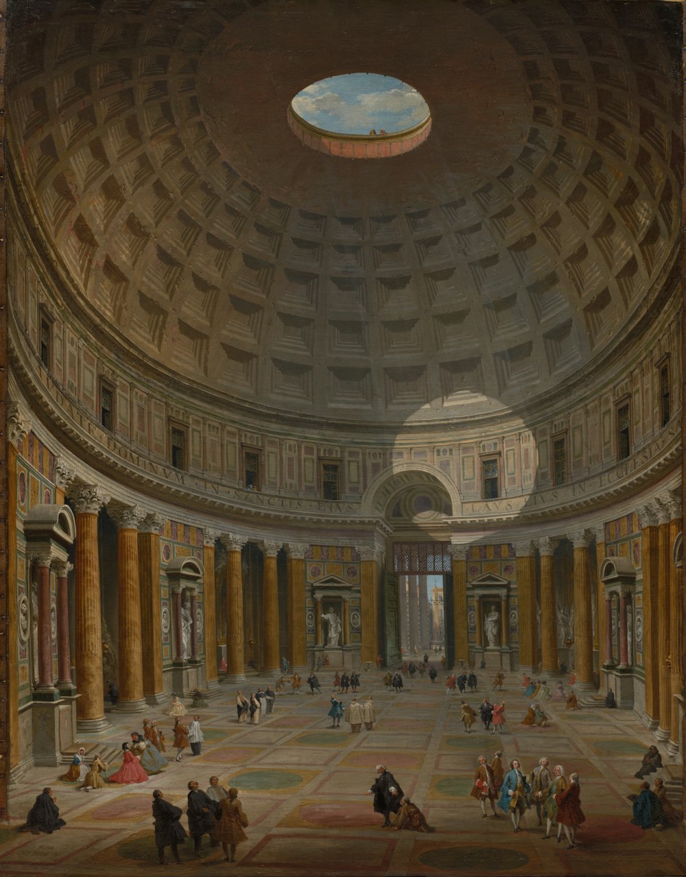 a painting of people in a large building