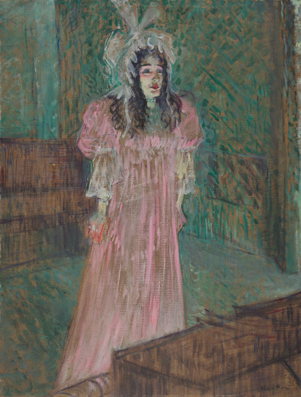 a painting of a woman in a pink dress