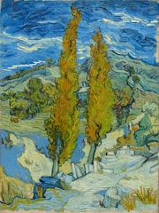 A vibrant landscape with swirling brushstrokes depicts two tall, thin trees in the foreground, surrounded by a winding path and rolling hills. The sky is a vivid blue with dynamic clouds, and the scene is bathed in warm, rich colors, giving it a sense of movement.