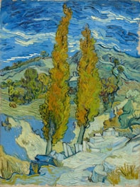 A vibrant painting of a serene landscape with colorful trees and a clear blue sky.