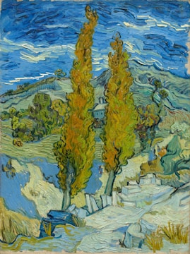 A vibrant landscape with swirling brushstrokes depicts two tall, thin trees in the foreground, surrounded by a winding path and rolling hills. The sky is a vivid blue with dynamic clouds, and the scene is bathed in warm, rich colors, giving it a sense of movement.