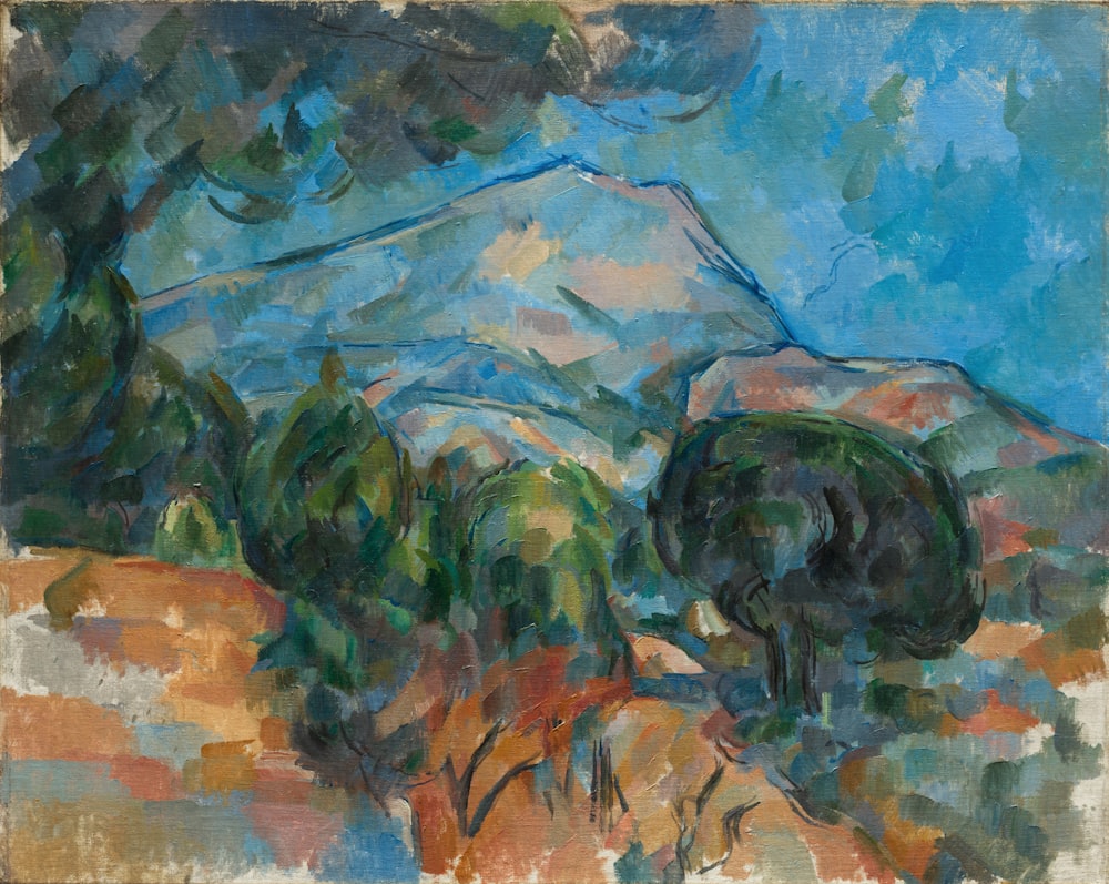 a painting of a mountain with trees in the foreground