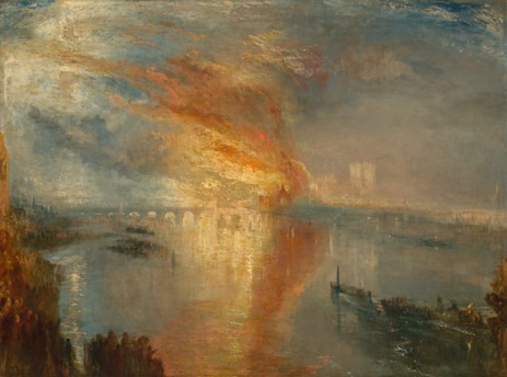 A dramatic and fiery landscape dominated by an intense blaze consuming a structure, likely a bridge, with billowing smoke and vivid orange flames. The reflection of the fire can be seen in the calm river, with faint outlines of buildings and people observing in the foreground.