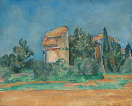 A landscape painting depicting a rustic house surrounded by lush greenery and towering trees under a clear blue sky. The use of soft brushstrokes and muted colors gives the scene an impressionist feel. The building has a distinct roof and is partially obscured by foliage.