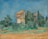A landscape painting depicting a rustic house surrounded by lush greenery and towering trees under a clear blue sky. The use of soft brushstrokes and muted colors gives the scene an impressionist feel. The building has a distinct roof and is partially obscured by foliage.