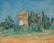 A landscape painting depicting a rustic house surrounded by lush greenery and towering trees under a clear blue sky. The use of soft brushstrokes and muted colors gives the scene an impressionist feel. The building has a distinct roof and is partially obscured by foliage.