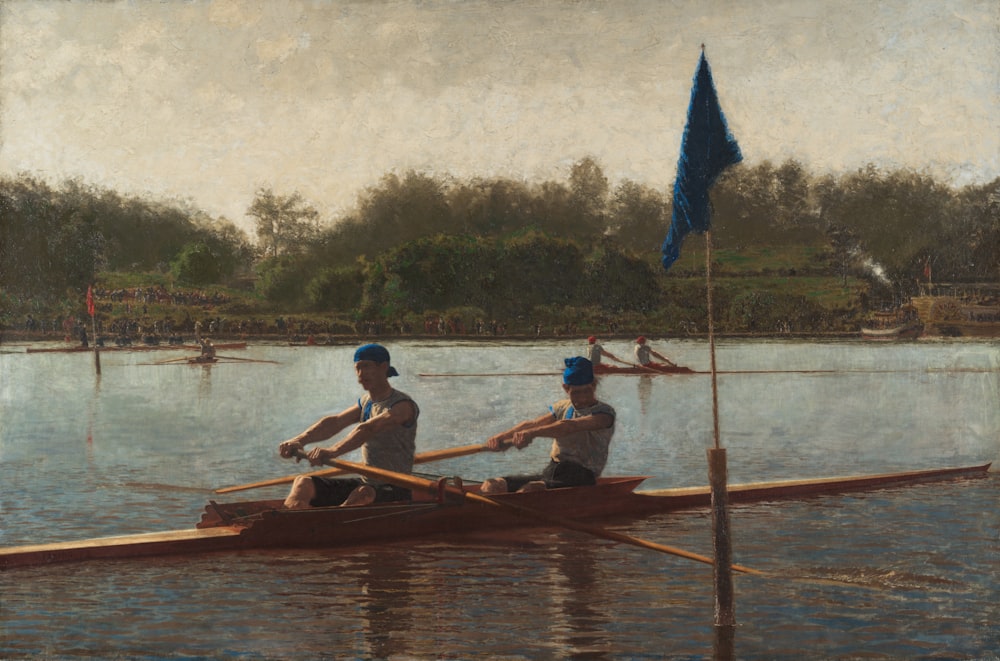 a painting of two men rowing a boat