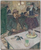 A bearded man in a bowler hat and dark suit is seated at a table in a crowded café. He holds a cane and a cigarette, with an absinthe glass in front of him. Around him, other patrons, some wearing top hats, are engaged in conversation. The background features warm lighting and wooden paneling, giving it a cozy yet lively atmosphere.