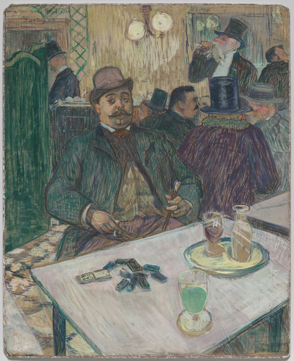 a painting of a man sitting at a table