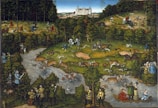 A vibrant forest scene depicting a large-scale hunt with numerous figures on horseback, dogs, and deer amidst dense foliage. The forest is divided by a flowing river, with several hunters on a boat. In the distance, a grand castle stands atop a hill with a backdrop of a blue sky. The landscape is teeming with activity, illustrating a robust and lively hunt.