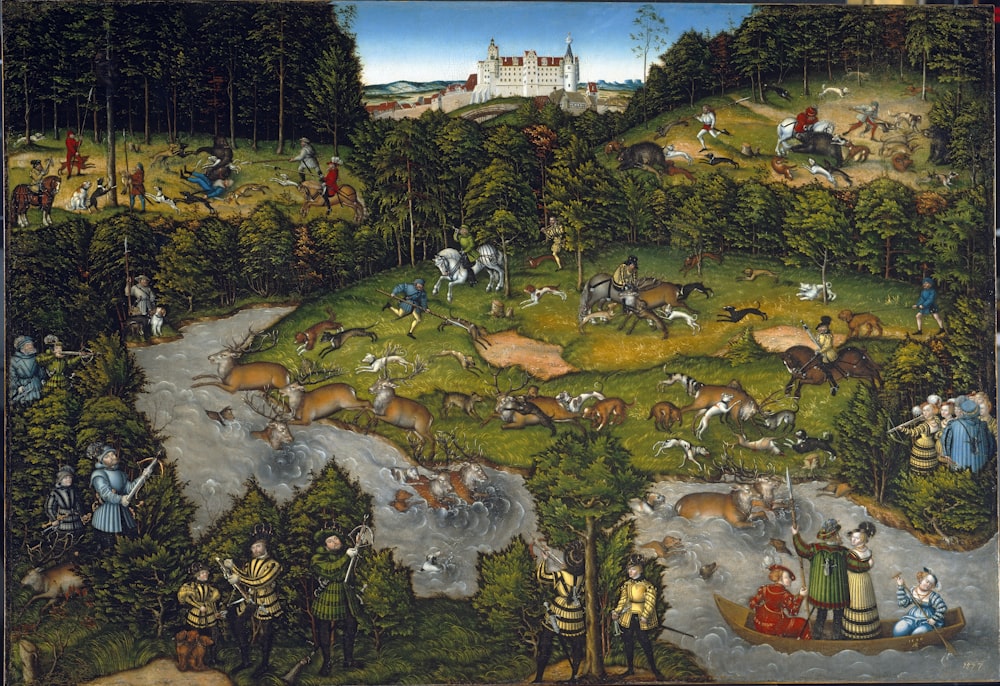 a painting of people and animals in a forest