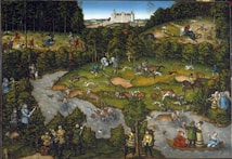 A vibrant forest scene depicting a large-scale hunt with numerous figures on horseback, dogs, and deer amidst dense foliage. The forest is divided by a flowing river, with several hunters on a boat. In the distance, a grand castle stands atop a hill with a backdrop of a blue sky. The landscape is teeming with activity, illustrating a robust and lively hunt.