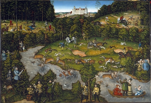 A vibrant forest scene depicting a large-scale hunt with numerous figures on horseback, dogs, and deer amidst dense foliage. The forest is divided by a flowing river, with several hunters on a boat. In the distance, a grand castle stands atop a hill with a backdrop of a blue sky. The landscape is teeming with activity, illustrating a robust and lively hunt.