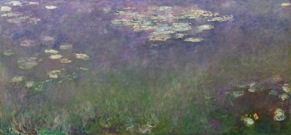 a painting of water lilies in a pond