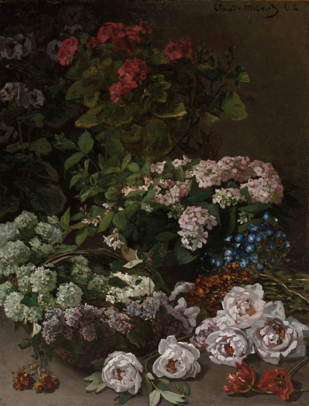 a painting of flowers in a vase on a table