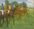 Four jockeys on horseback are depicted in a grassy field, wearing colorful racing silks in shades of blue, yellow, and red. The riders are positioned in a diagonal line, with trees and a cloudy sky in the background. The scene captures a moment of calm before a race.