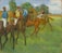Four jockeys on horseback are depicted in a grassy field, wearing colorful racing silks in shades of blue, yellow, and red. The riders are positioned in a diagonal line, with trees and a cloudy sky in the background. The scene captures a moment of calm before a race.