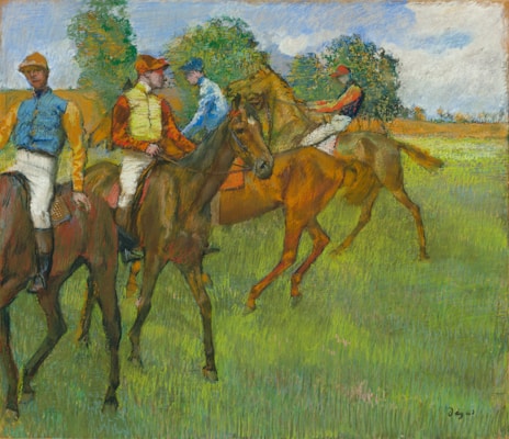 Four jockeys on horseback are depicted in a grassy field, wearing colorful racing silks in shades of blue, yellow, and red. The riders are positioned in a diagonal line, with trees and a cloudy sky in the background. The scene captures a moment of calm before a race.