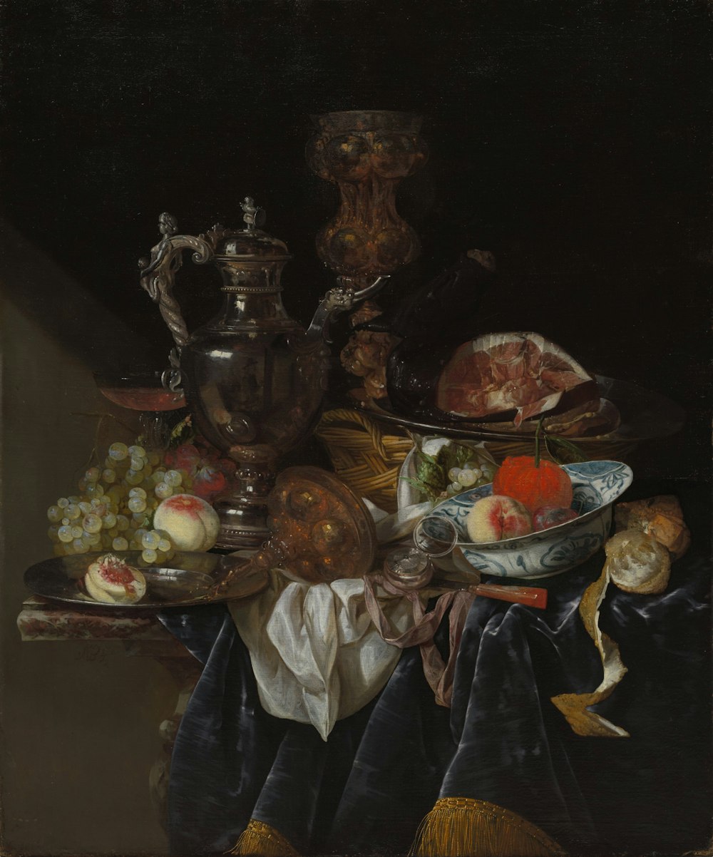 a painting of food on a table with a vase