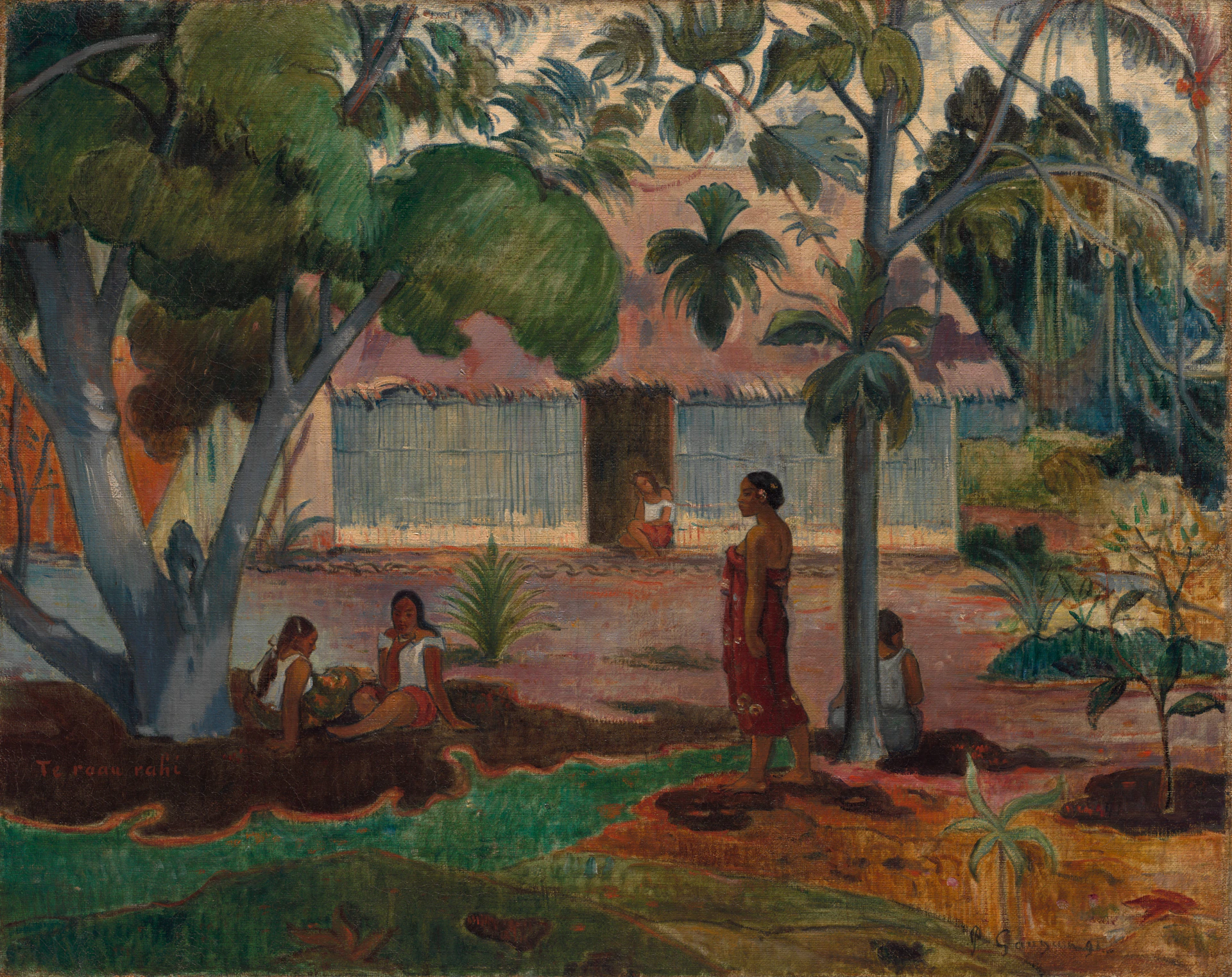 A lively village scene with smiling locals in bright clothing, palm trees swaying, and traditional thatched huts under a clear blue sky.