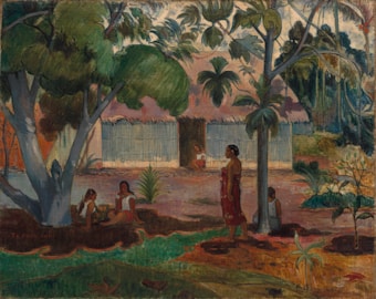 A tropical village scene with lush greenery and trees. Several people are depicted in traditional clothing, with two seated on the ground and another standing by a tree. In the background, a house with a thatched roof can be seen, surrounded by more vegetation.