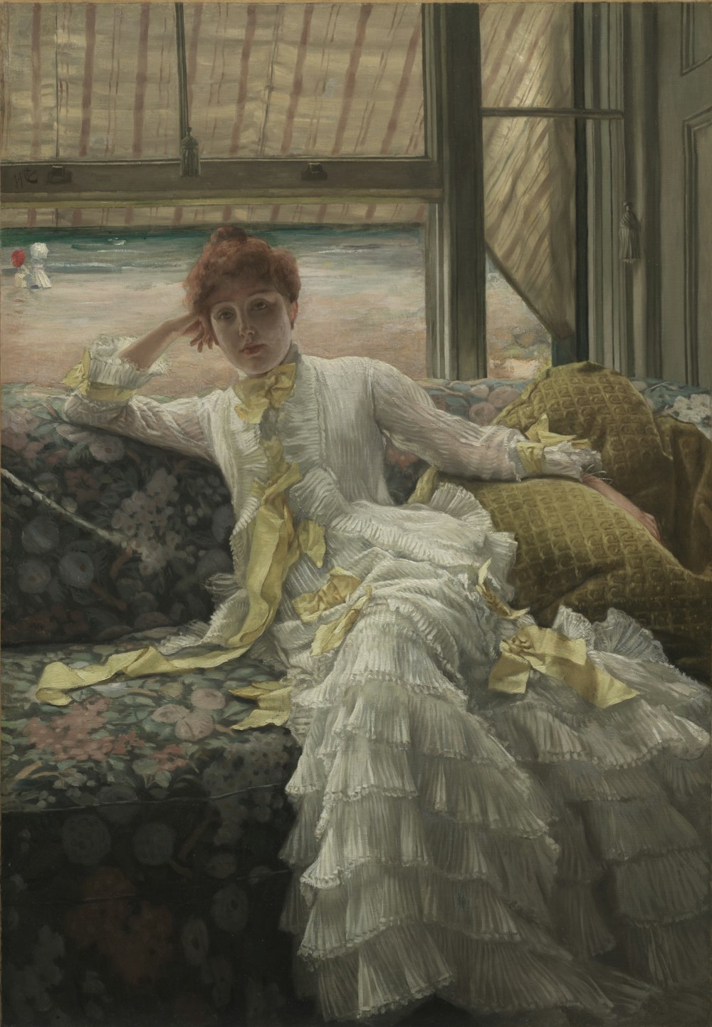 a painting of a woman sitting on a couch