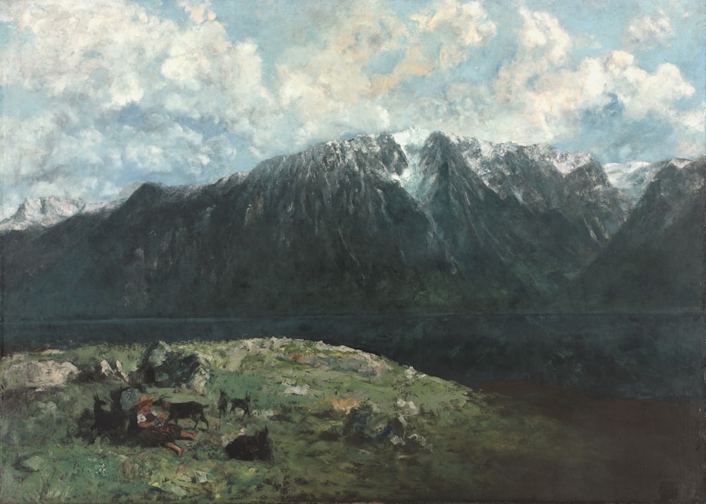 a painting of a mountain range with a lake in the foreground