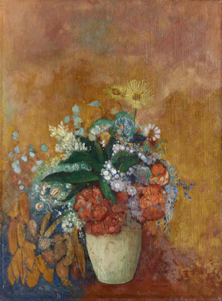 A colorful still life featuring fresh flowers in a rustic vase.