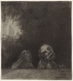 A somber black and white charcoal drawing depicting two stone-like figures, one resembling a sphinx and the other with a distorted human-like face, emerging from a textured dark background.