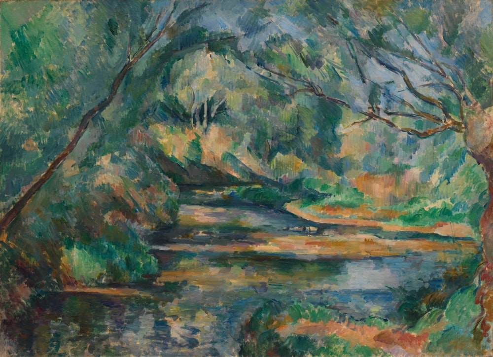 a painting of a river surrounded by trees