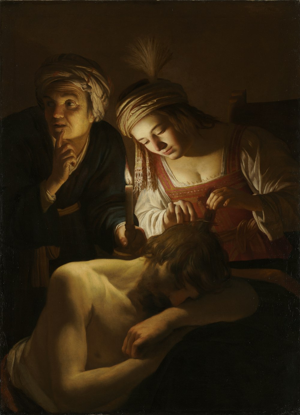 a painting of a woman being tended to by a man