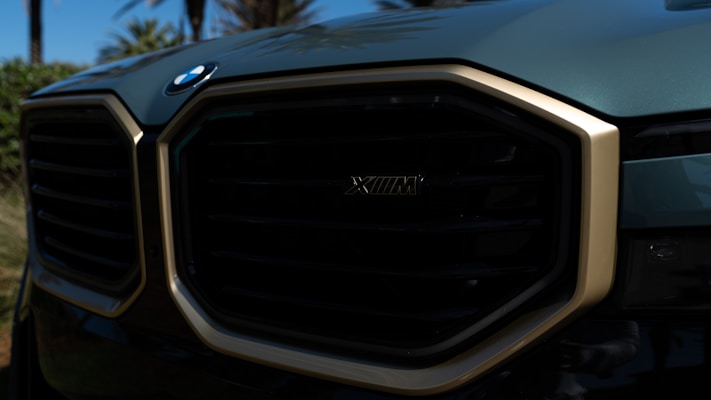 The image features a close-up of a car grille with a distinctive design, showcasing an emblem. The surrounding area has a glossy metallic finish with a gold outline. Trees and sky are faintly visible in the reflections.