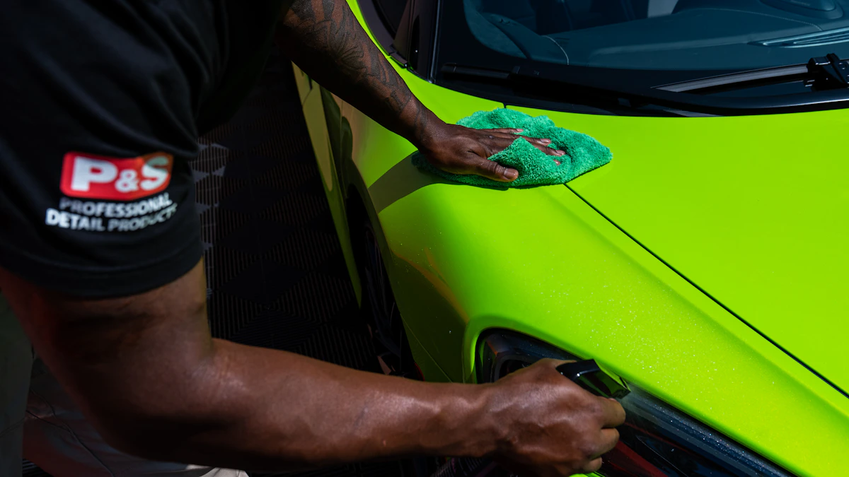 Professional polishing of a green sports car