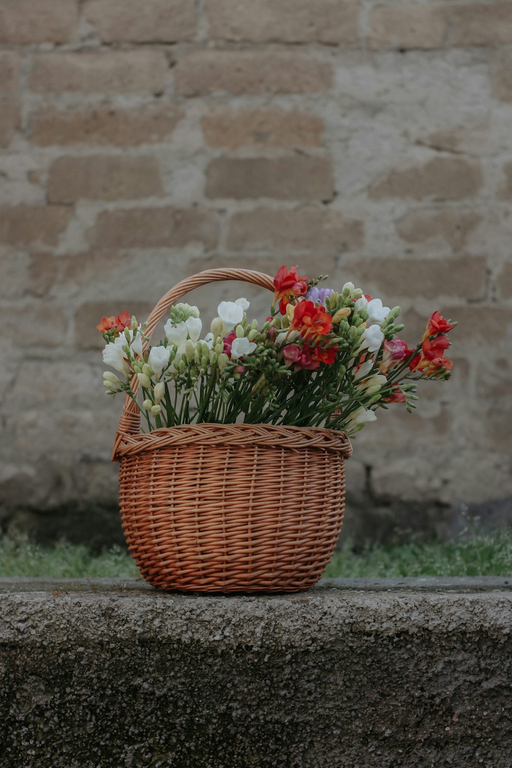 a basket of flowers sitting on a ledge