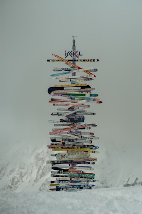 A diverse and colorful collection of wooden signs mounted vertically, each displaying different place names and distances. Set against a misty, mountainous background, the signs point in various directions, creating a striking contrast with the snowy terrain.