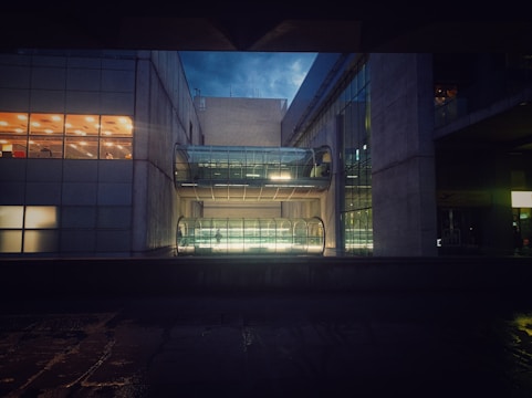 A modern commercial building with energy-efficient lighting.