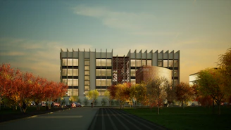 A rendering of a building in the middle of a park