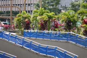 a group of blue benches sitting next to a lush green park