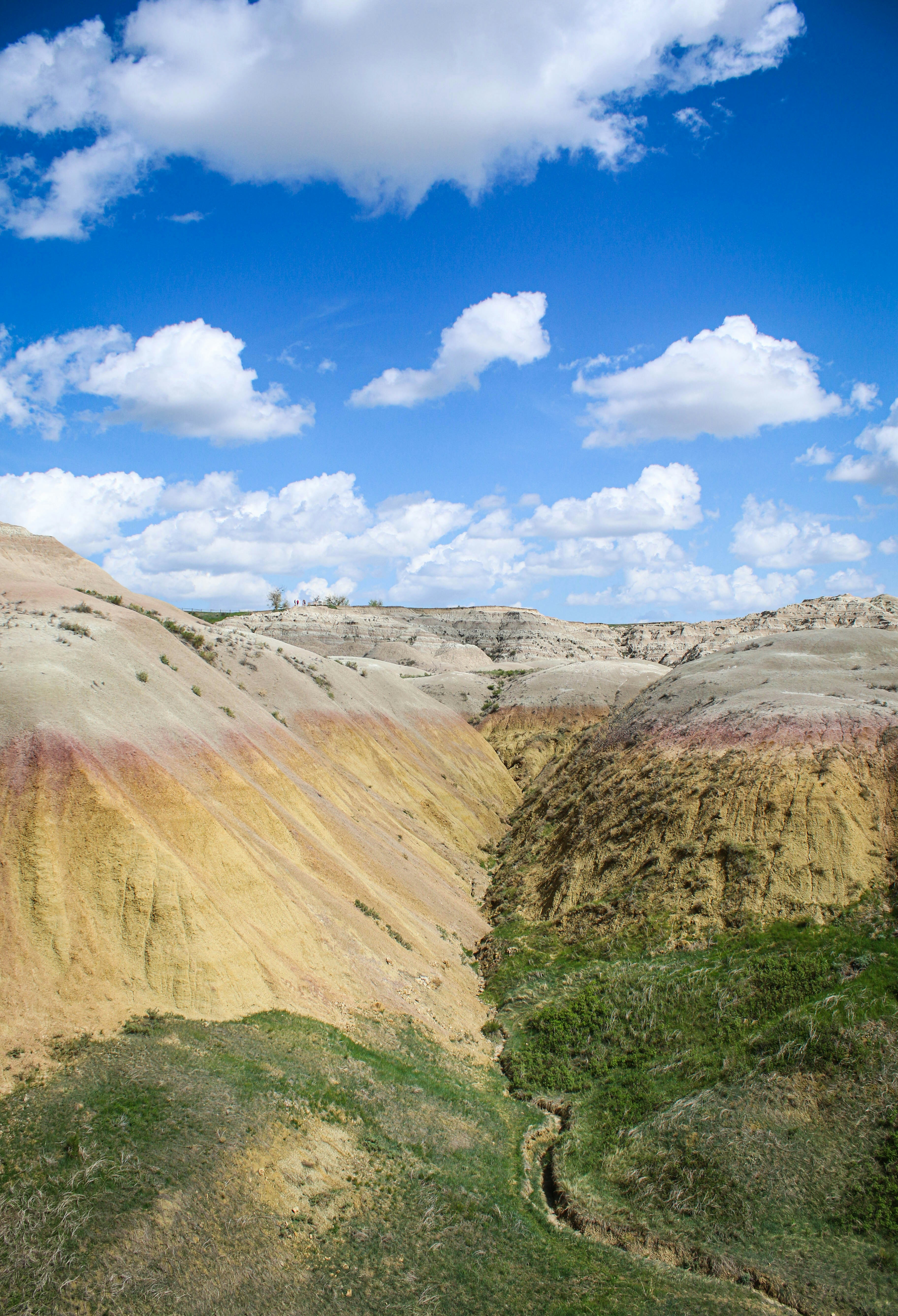 uma vista de um vale com uma montanha no fundo