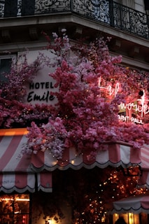 a tree with pink flowers in front of a hotel