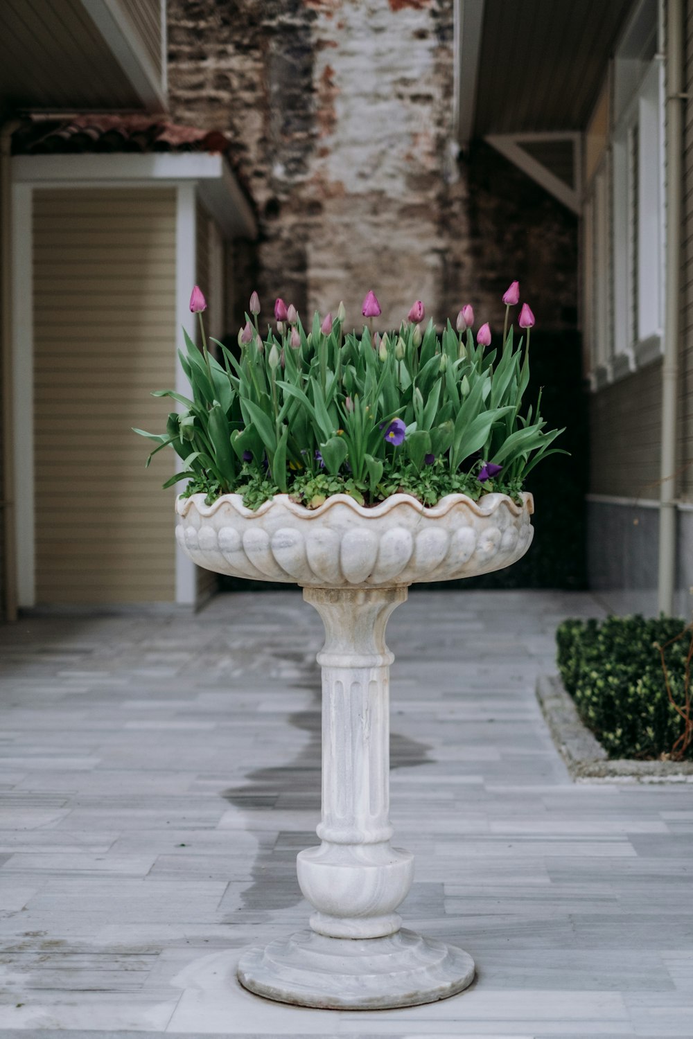 a planter with flowers in it sitting on a sidewalk