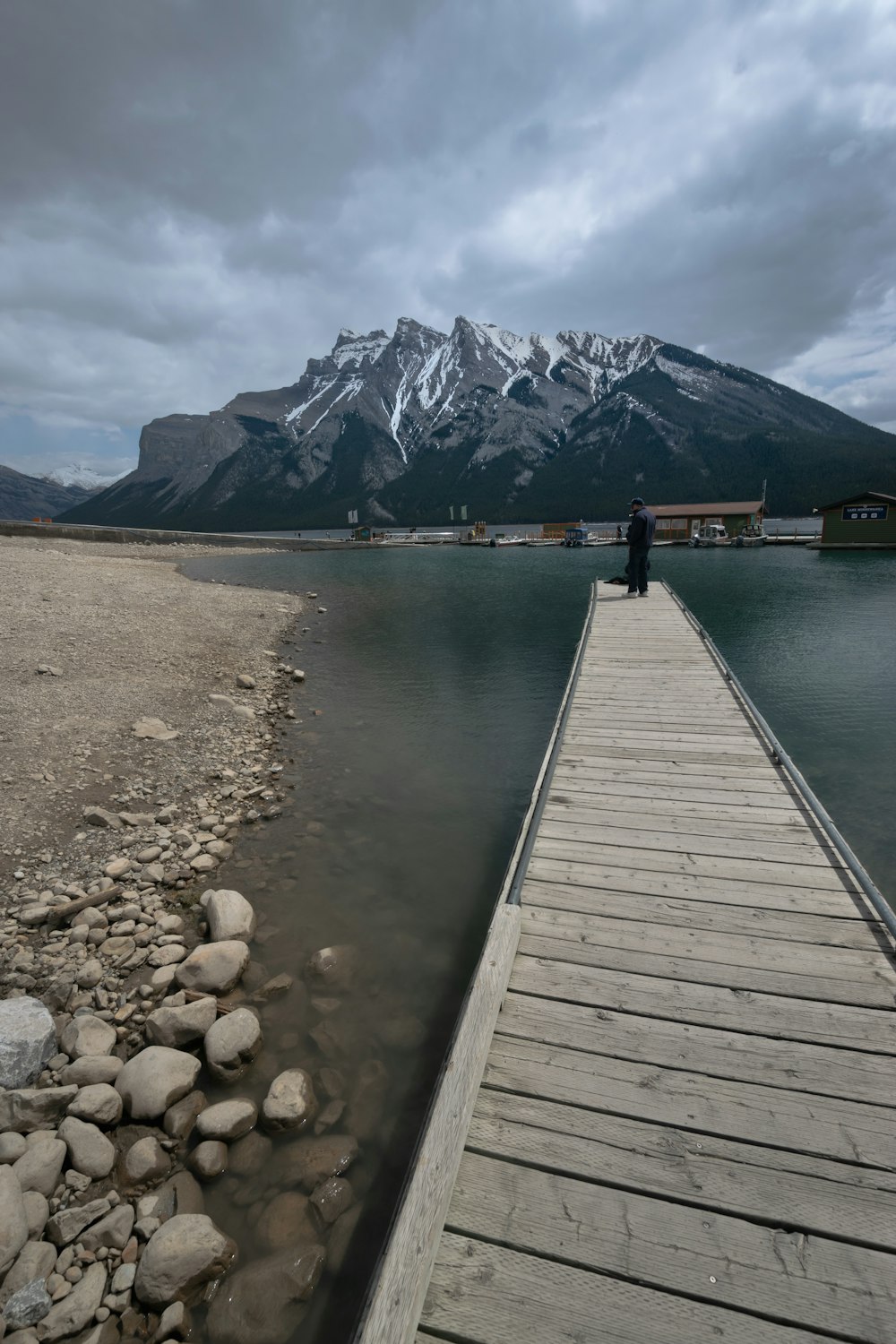 a man standing on a dock next to a body of water