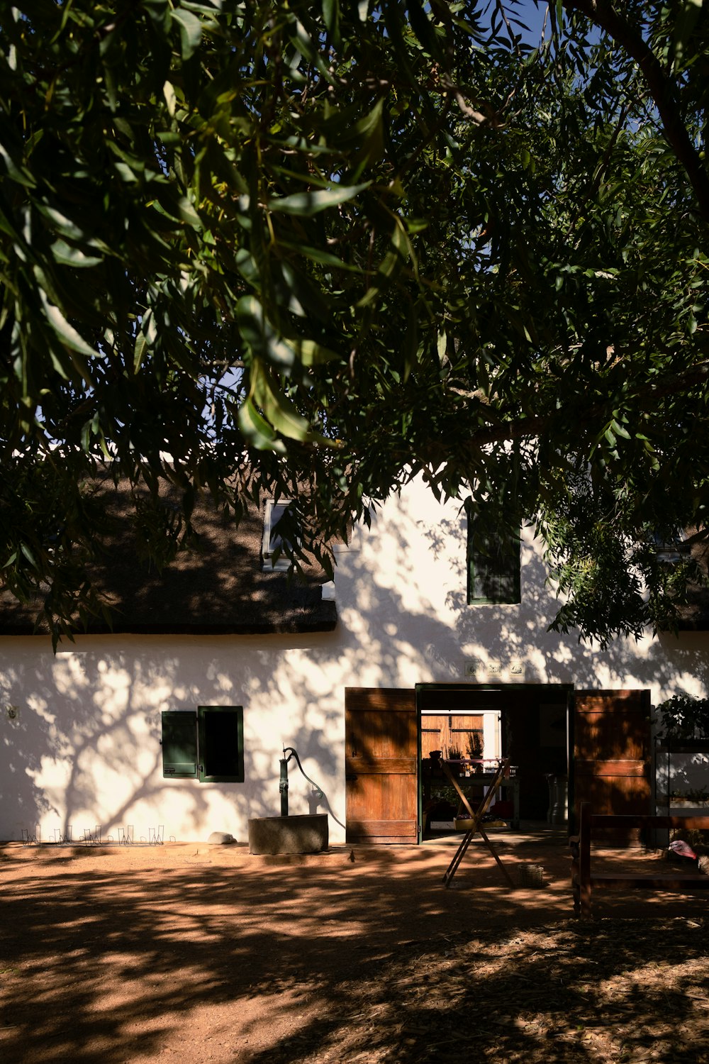 a white house with a tree in front of it