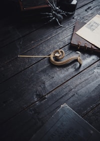 A dark, rustic wooden table holds a coil of rope, an incense stick sending a thread of smoke into the air, a stack of envelopes bound by a leather strap, and a metallic spider decoration. The lighting casts deep shadows and highlights, adding to the moody atmosphere.