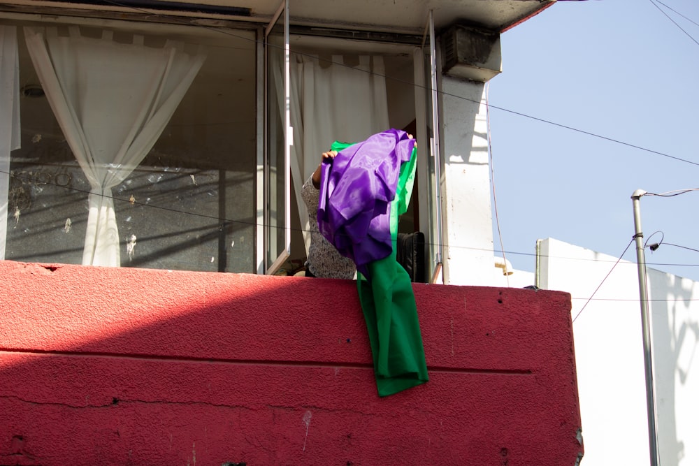 Una bolsa púrpura y verde sentada encima de una pared roja