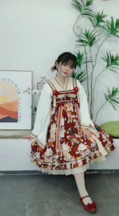 A cute cat dressed in a tailored floral dress posing gracefully indoors.