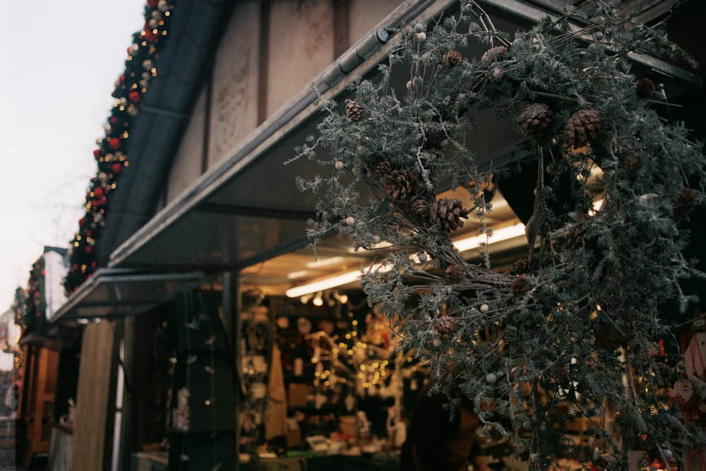 a christmas wreath hanging outside of a store