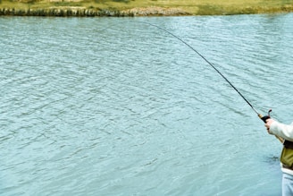 A fisherman casting a line into a calm river surrounded by lush greenery.